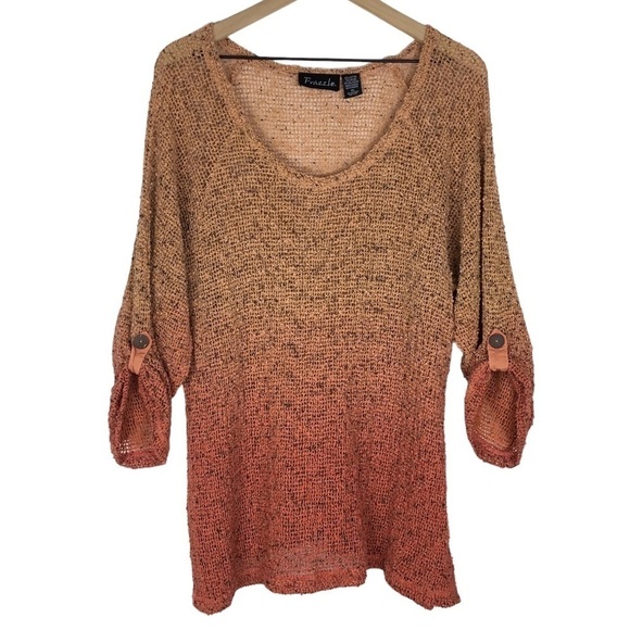 FRAZZLE Mesh Tunic Top Blouse 3/4 Roll Tab Sleeves Rust Orange Red Lagenlook XL - Picture 1 of 9